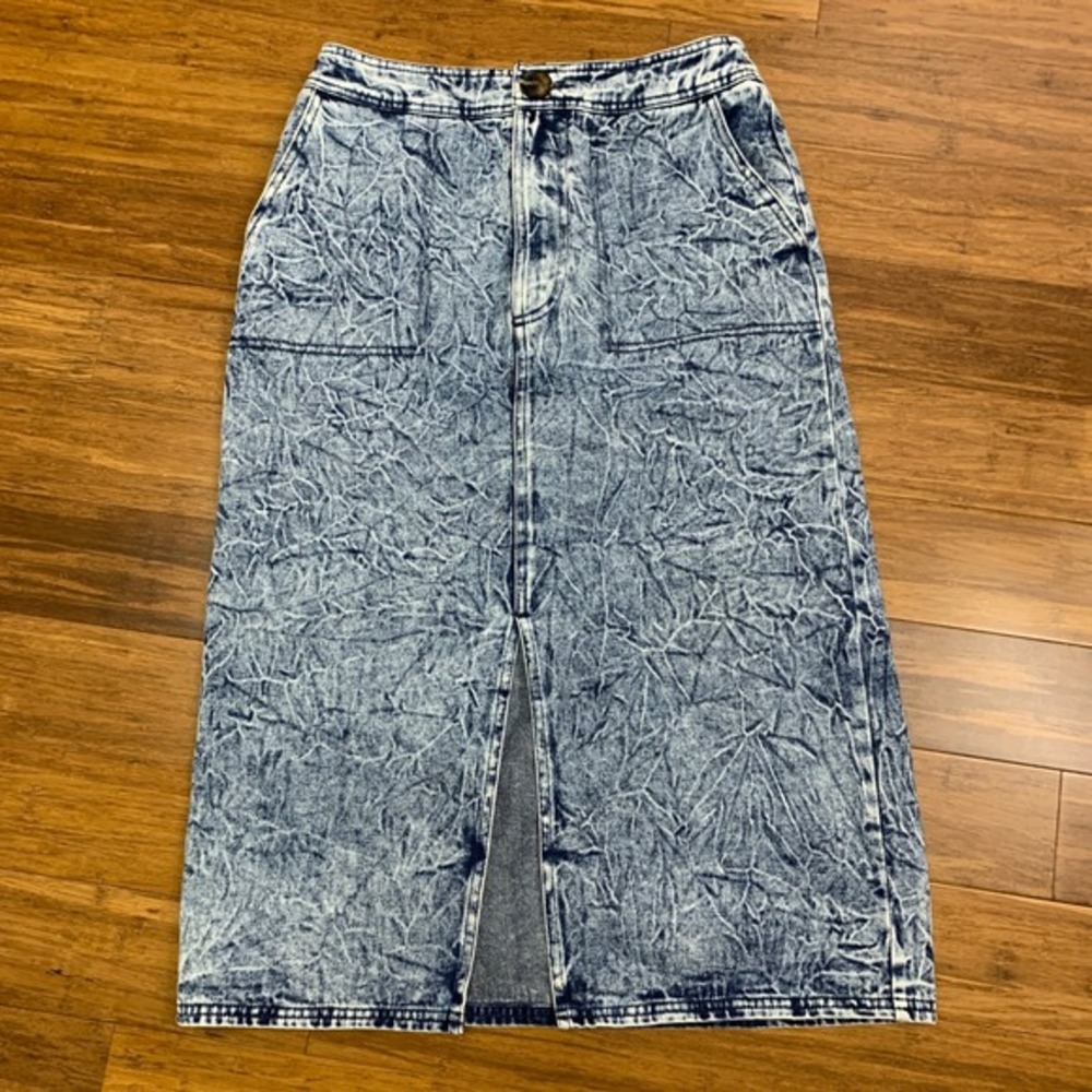 Who What Wear Denim Skirt Womens‎ Size 2 Blue Midi Acid Wash Slit Front Pockets